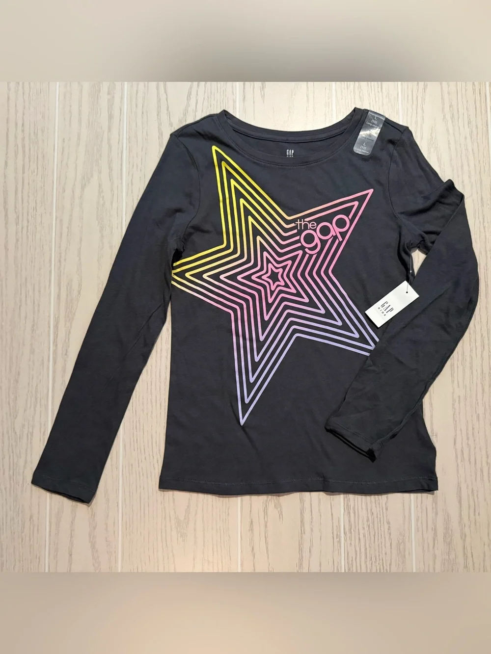 Gap Kids Girls L 10 Charcoal Gray Star Graphic Long‎ Sleeve Tee NWT
