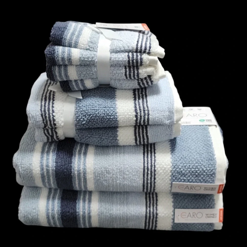 Caro Home 8pc Blue And White Striped Cotton Towel Set 2 Bath 2 Hand 4 Washcloths