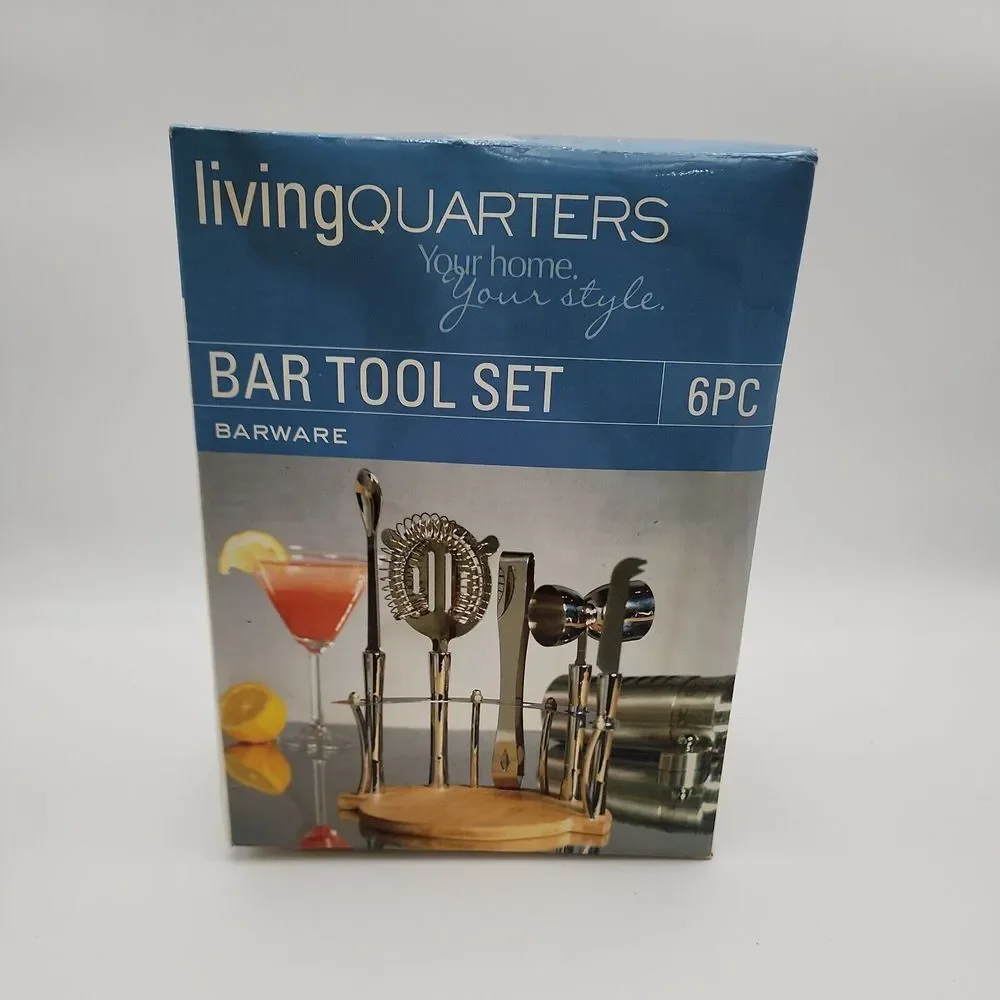 Vintage Living Quarters 6 piece  Bar‎ Tool Set Bamboo Board  Stainless steel