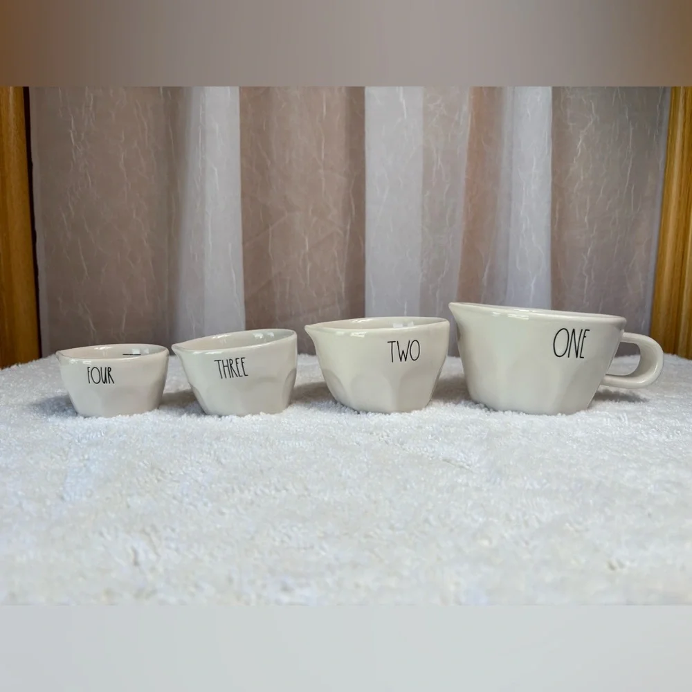 Rae Dunn Artisan Collection Measuring Cups. 4-Piece Set of White Ceramic Cups.