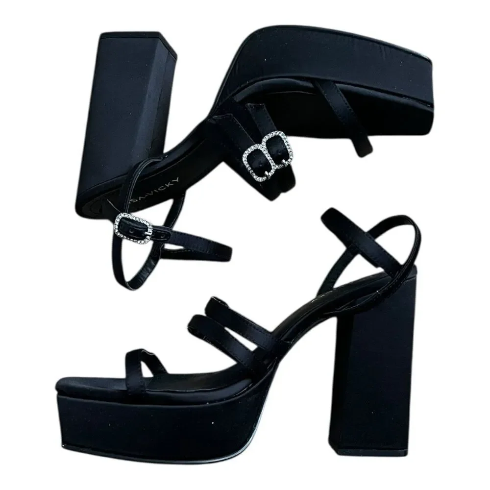 Lisa Vicky Black Satin Babe Strappy Platform Block Heel Sandals 8