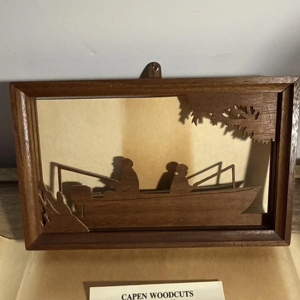 Handcrafted Woodcut Original Wall Hanging  Silhouette Picture Fishing Boat Scene