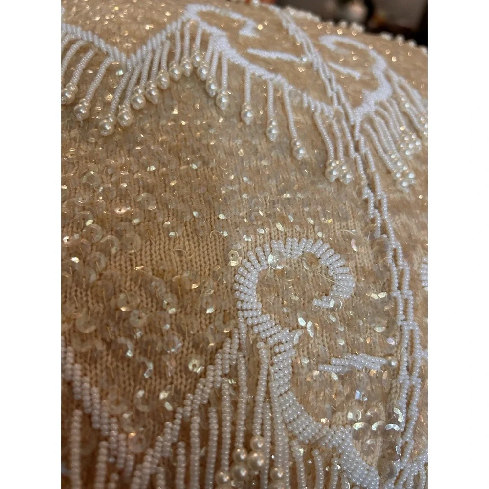 Beaded Decorative Pillow Champaign Tan‎ Ivory Beads Sequence, 14