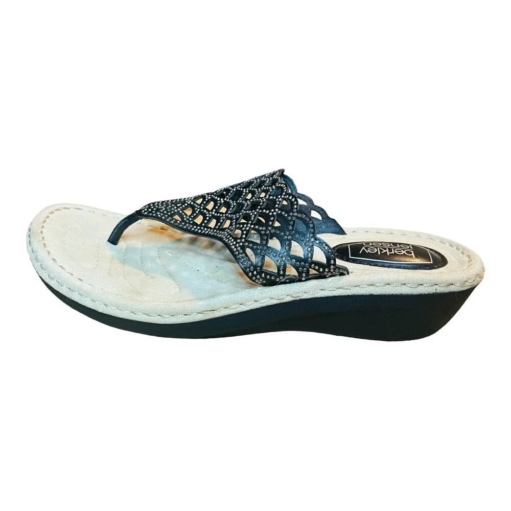 Berkley Jensen Womens Black Laser Cut‎ Rhinestone Wedge Thong Sandals Size 9.5