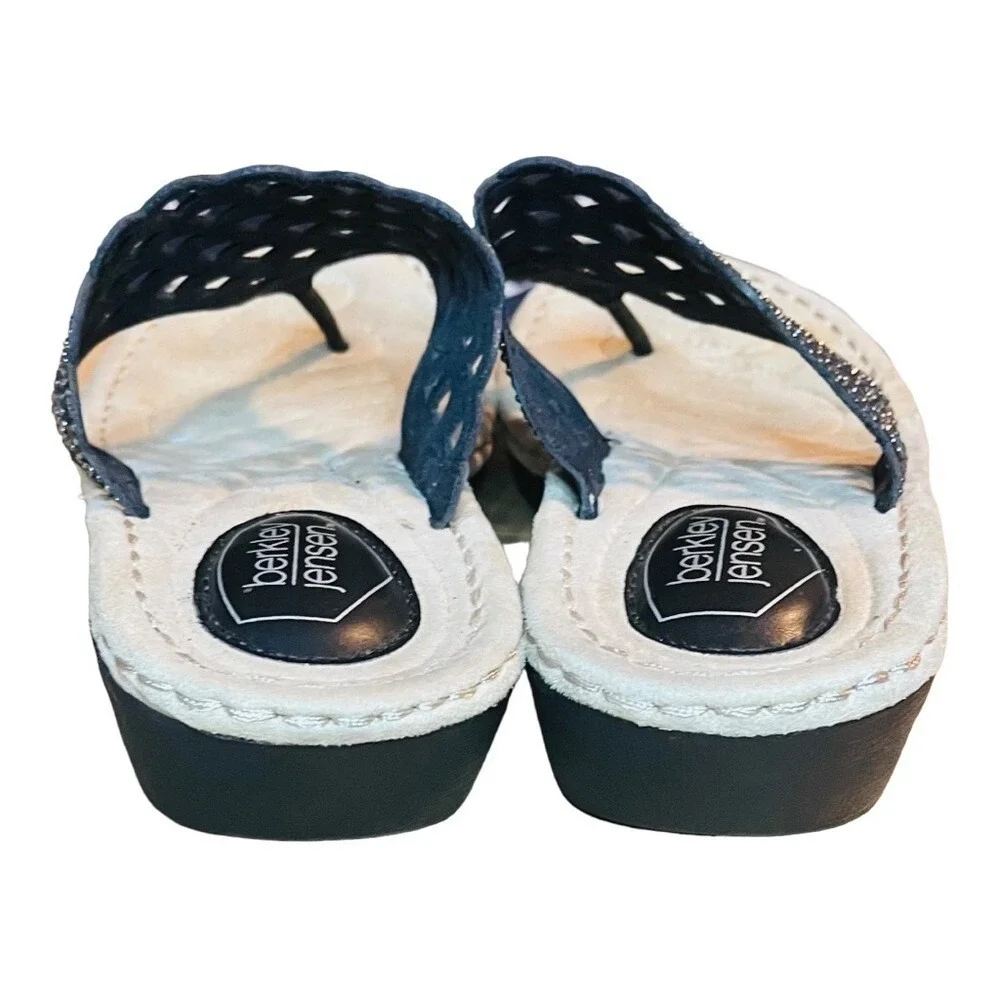 Berkley Jensen Womens Black Laser Cut‎ Rhinestone Wedge Thong Sandals Size 9.5