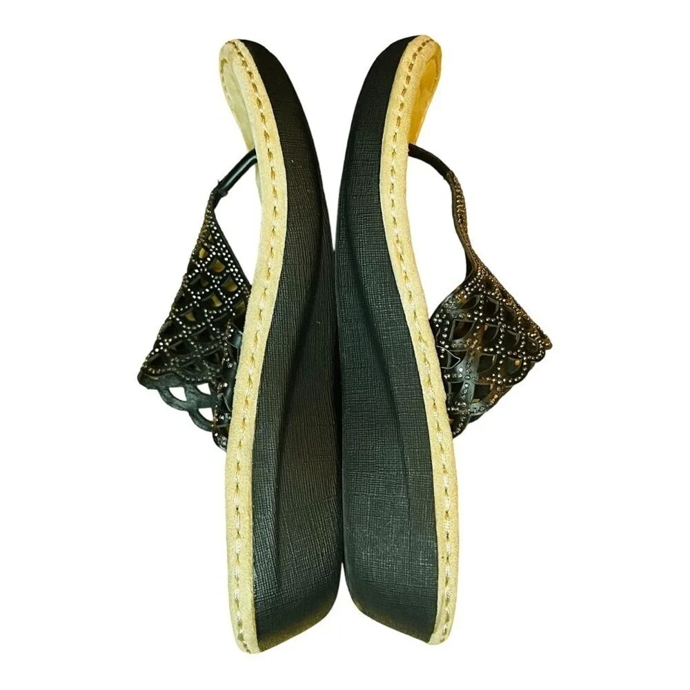Berkley Jensen Womens Black Laser Cut‎ Rhinestone Wedge Thong Sandals Size 9.5
