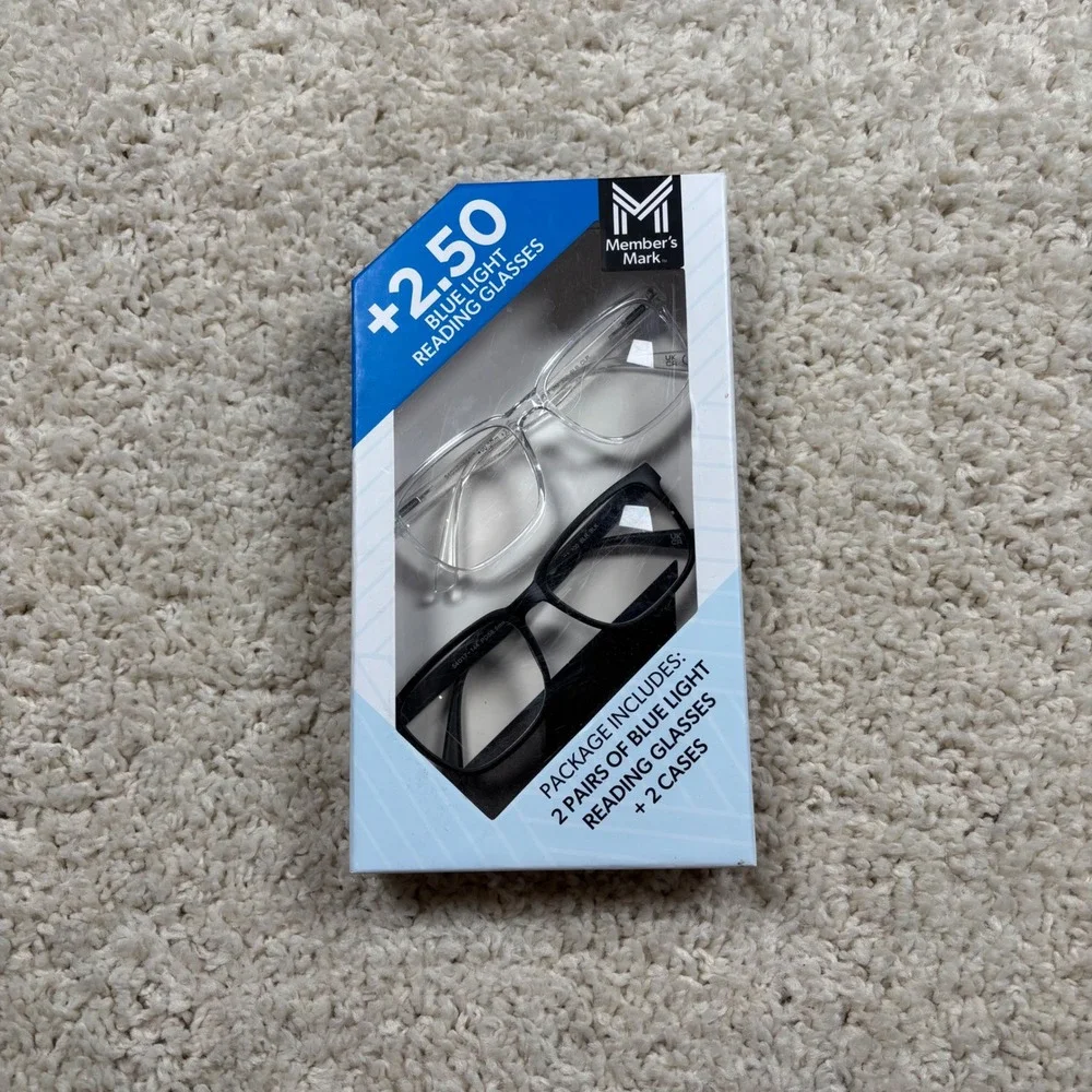 Member's Mark‎ 2 Pairs Blue Light Reading Glasses +250 Strength 2 Cases