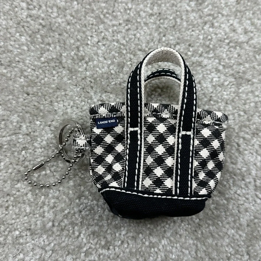 Lands' End Mini Tote Bag Keychain Black Natural Gingham Canvas Zipper Bag Charm