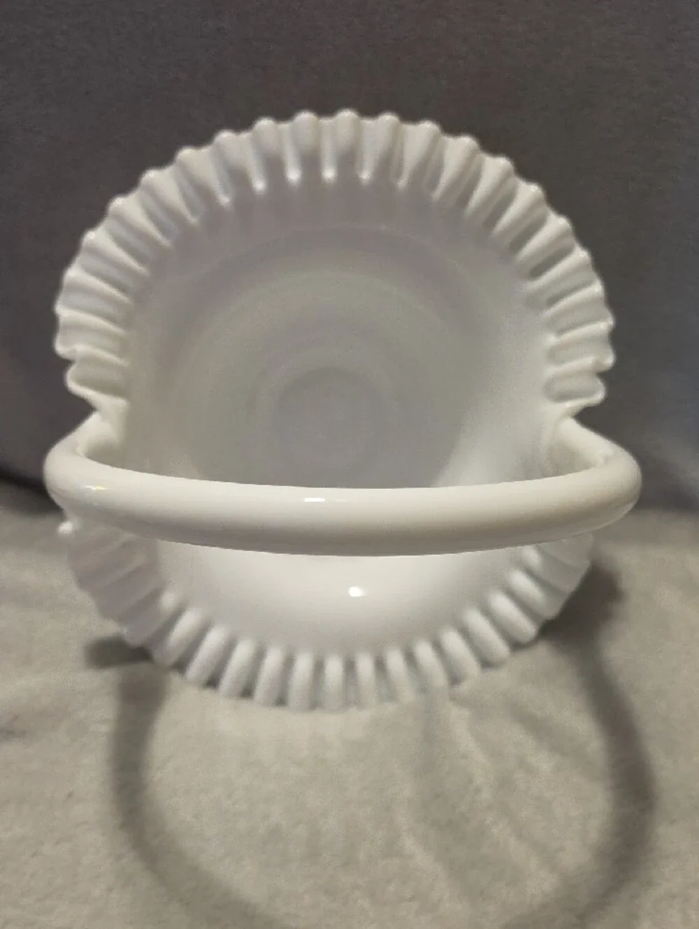 White Milk Glass Hobnail Ruffled Basket with Handle