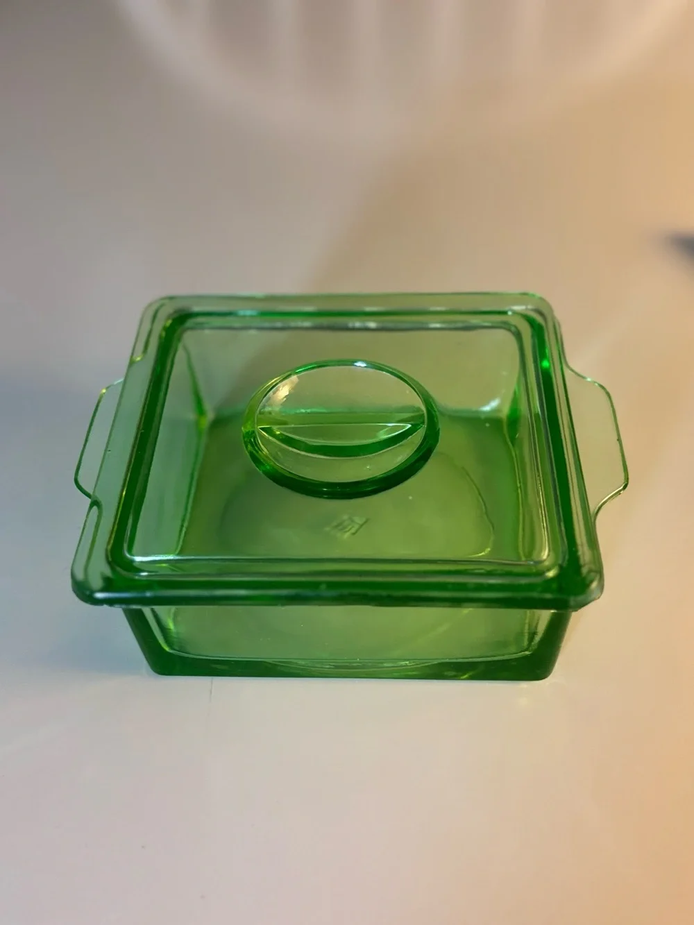 Vintage Hazel Atlas Green Uranium Glass Square Dish With Lid