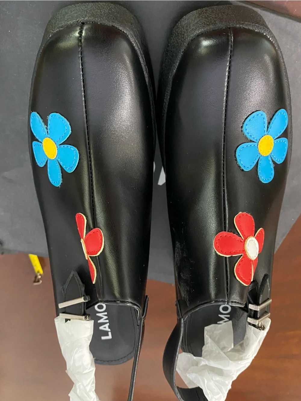 Black Platform Mary Janes with Blue & Red Floral Accents