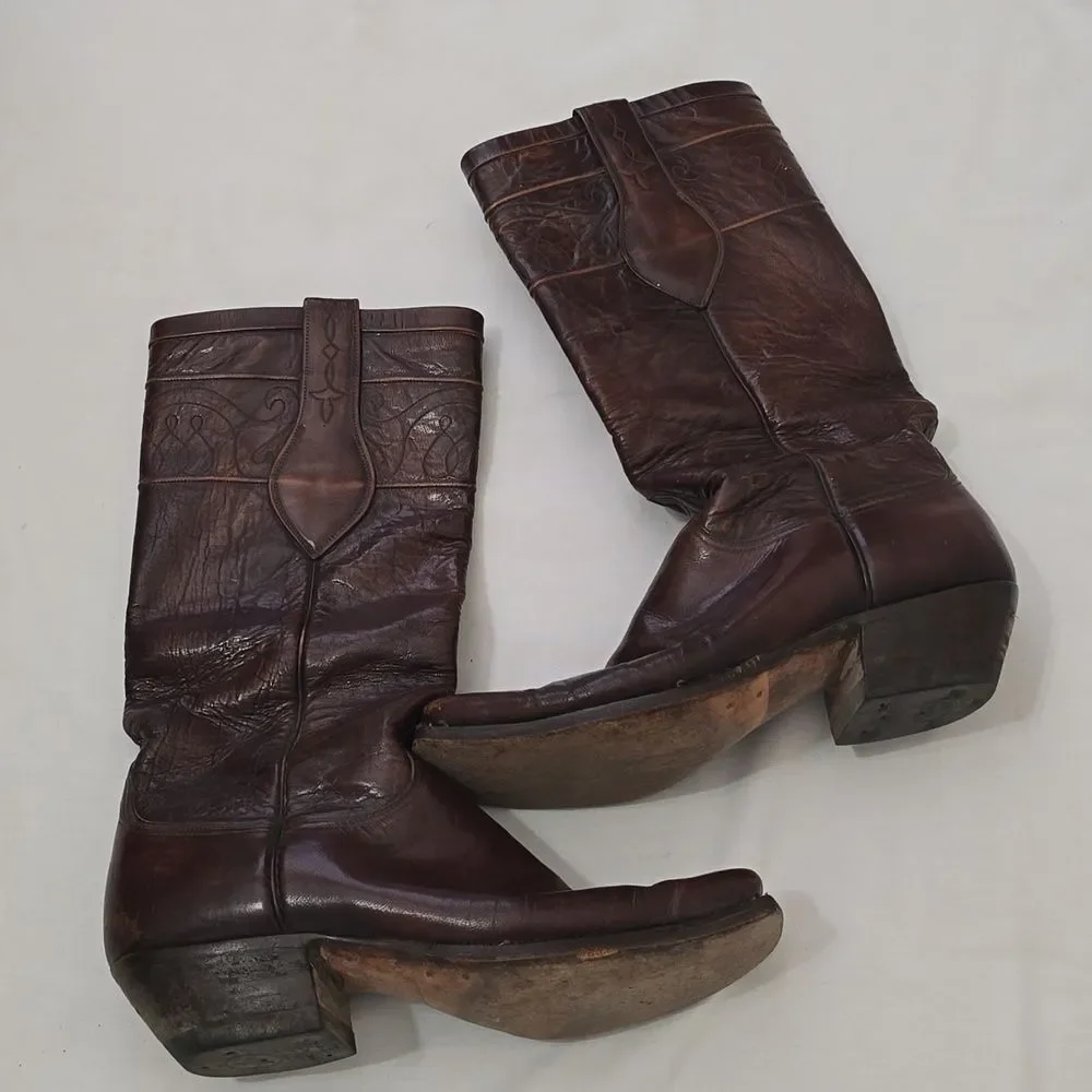 VTG Lucchese Biltrite men's Brown Leather Square Toe Cowboy‎ Boots 9.5D Western