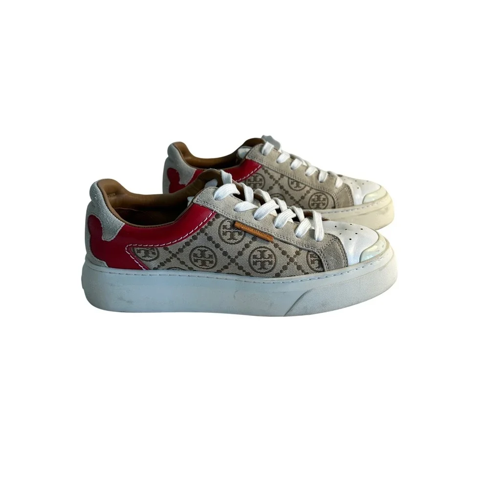 Tory Burch T Monogram Ladybug Court Sneaker Size 8M Beige Red‎ Leather Retro