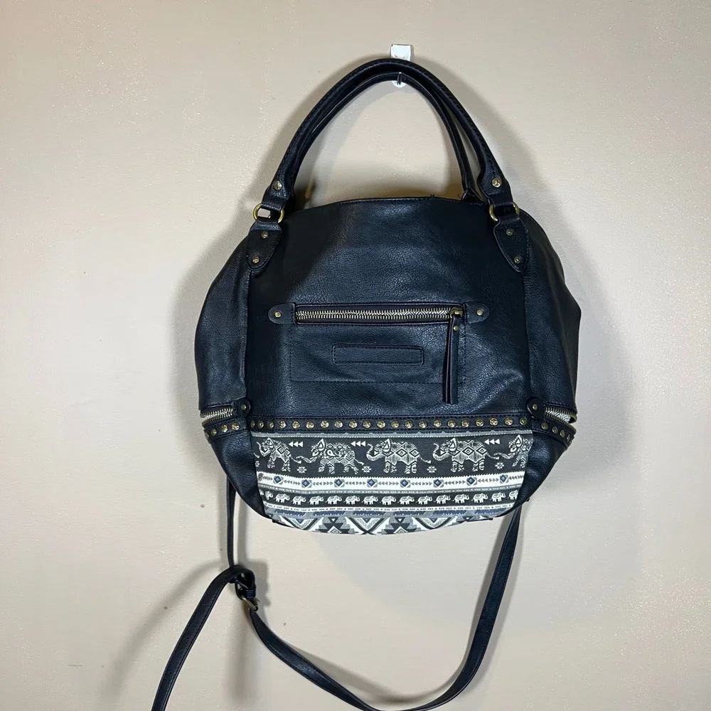 Black Vegan Leather Elephant Print Boho Satchel Crossbody Bag Studded Accents