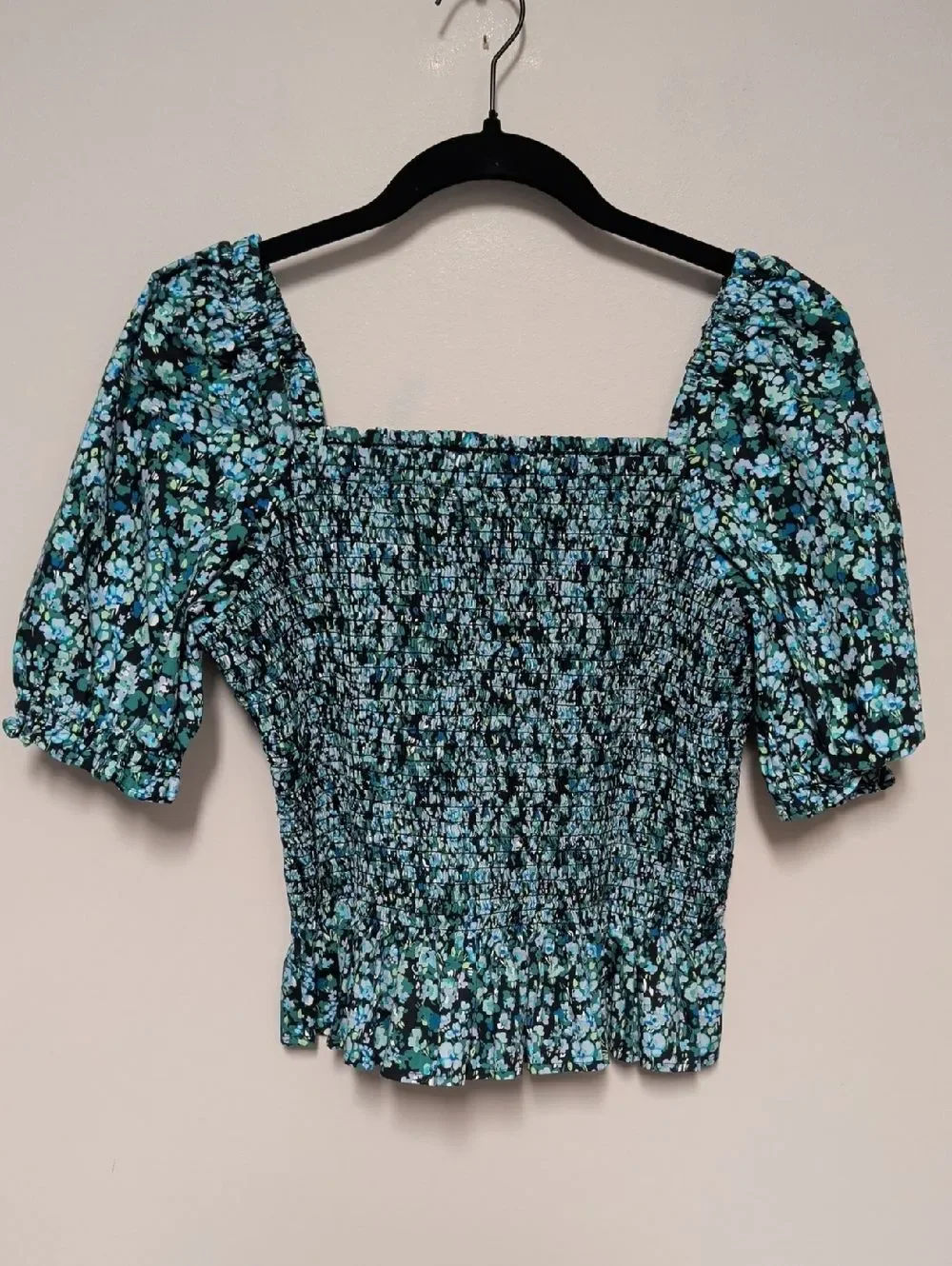 J. Crew Smocked Square-Neck Floral Top in Teal and Black