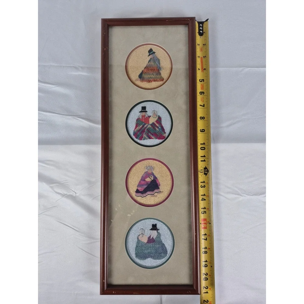 Vintage Southwestern Needlepoint Wall Art Framed Cross‎ Stitch Figures 4 Panels
