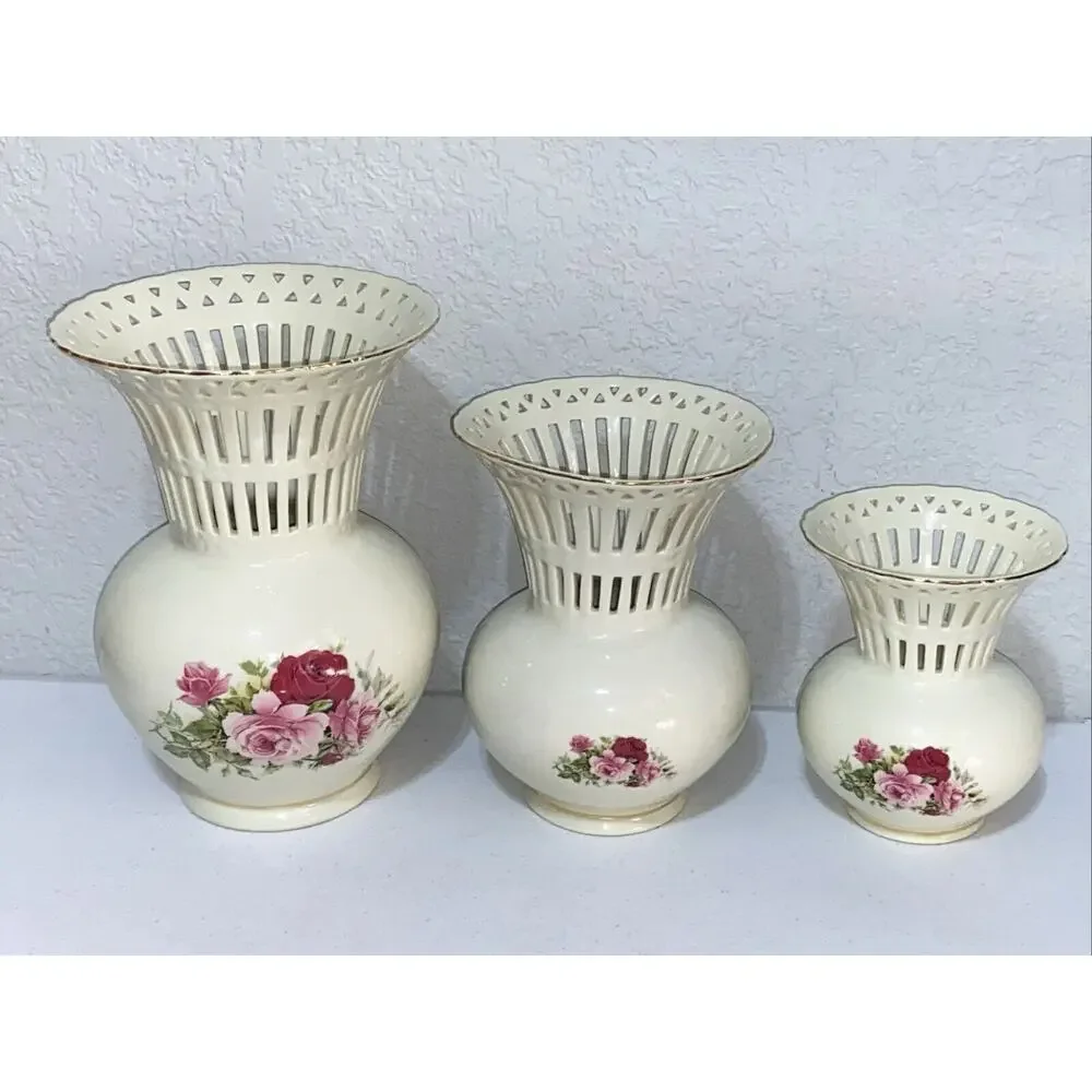 VTG Formalities By Baum Bros Porcelain Vented Vase Set Of 3 Roses With Gold Trim