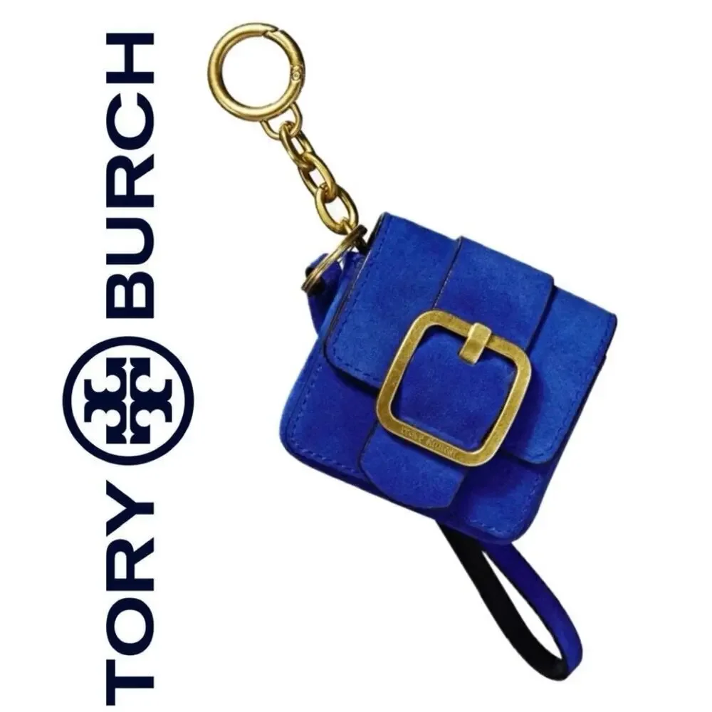 NEW TORY BURCH SAWYER MINI BAG KEY CHAIN WRISTLET BLUE DAHLIA CHARM‎ AIRBUD FOB