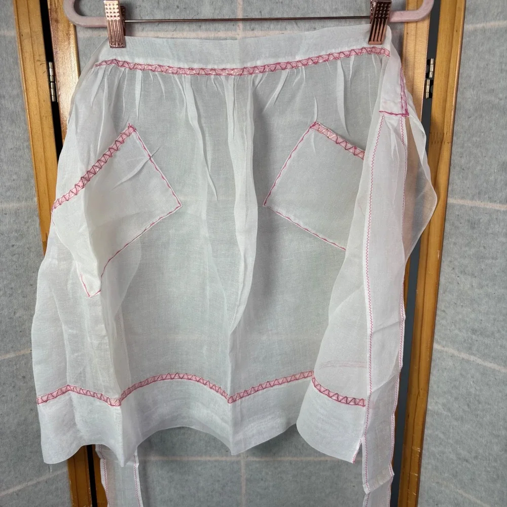 Handmade Vintage Hostess Half Apron OS White Pi‎ Trim Sheer Pockets