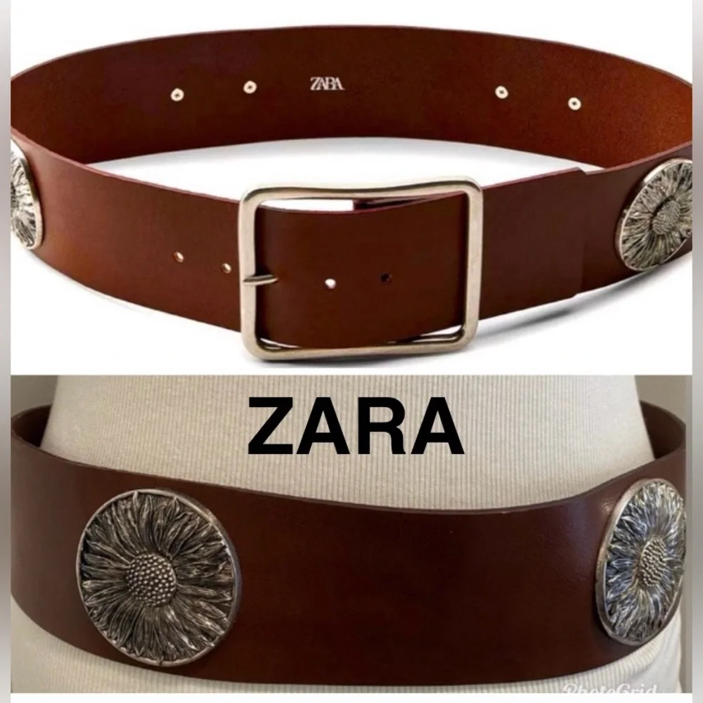 ZARA Brown Leather Belt with Silver Buckle - Size US 32 - NEW