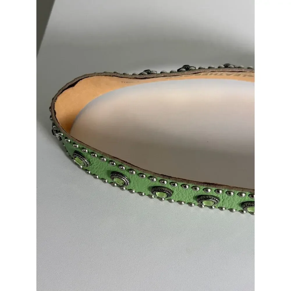LEATHEROCK Belt Size 34 Leather Green Embellished Rhinestone Gems Studded 1594