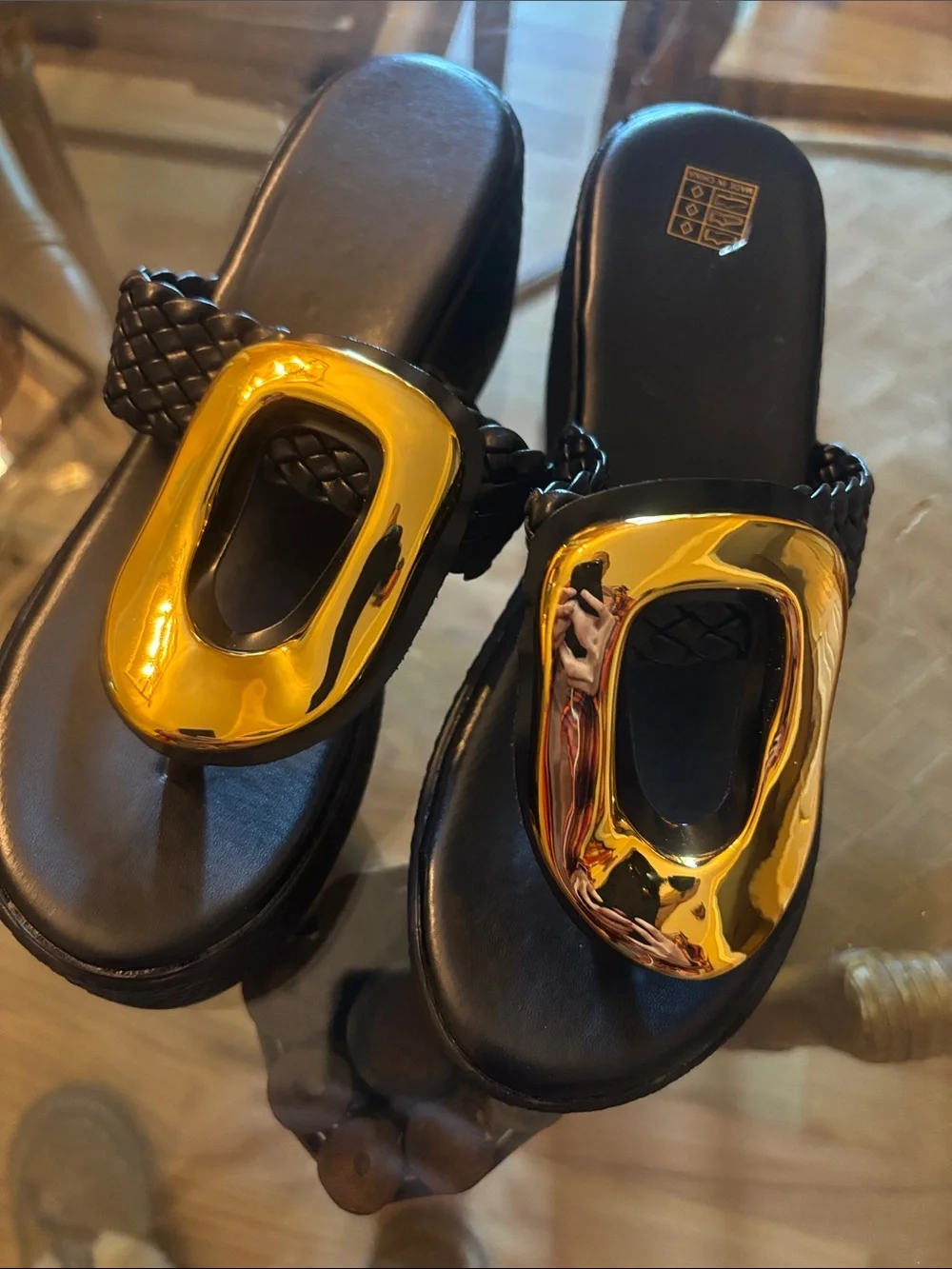 Black Platform Thong Sandals with Gold Accent