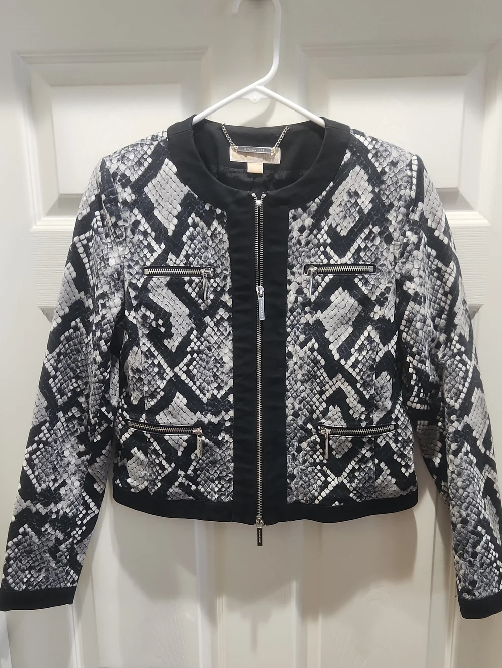 Michael Kors Black & White Snake-Print Bomber Jacket