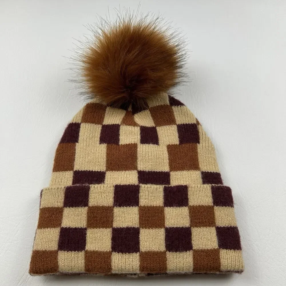 Women’s Checkered Knit Beanie Hat Faux Fur Pom Brown Tan One Size Winter Cap