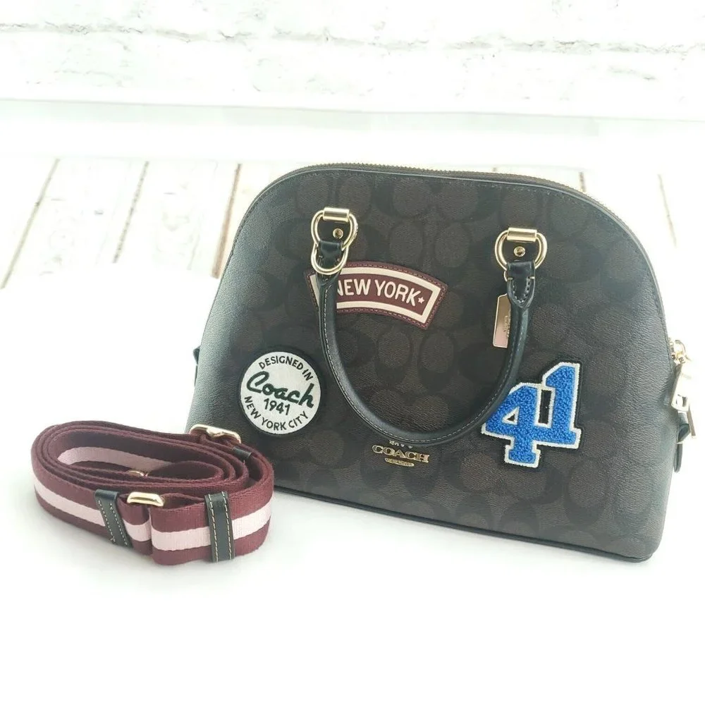 Coach Womens Brown Signature Canvas Ski Patches Double Handles Katy Satc…
