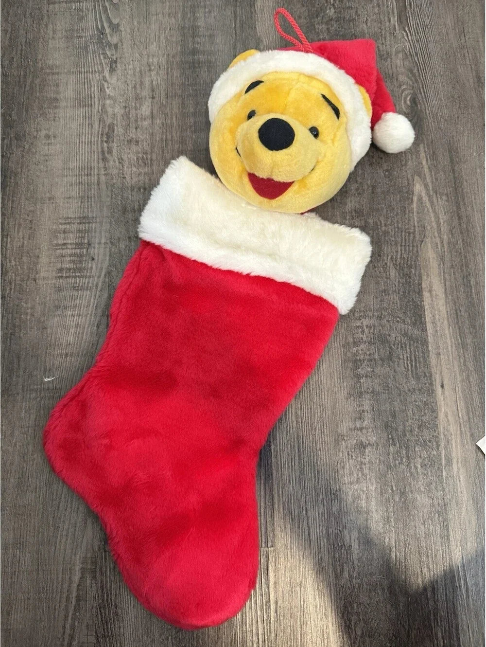 Winnie the Pooh Red Christmas Stocking Plush Head Santa Hat Holiday Disney 3D
