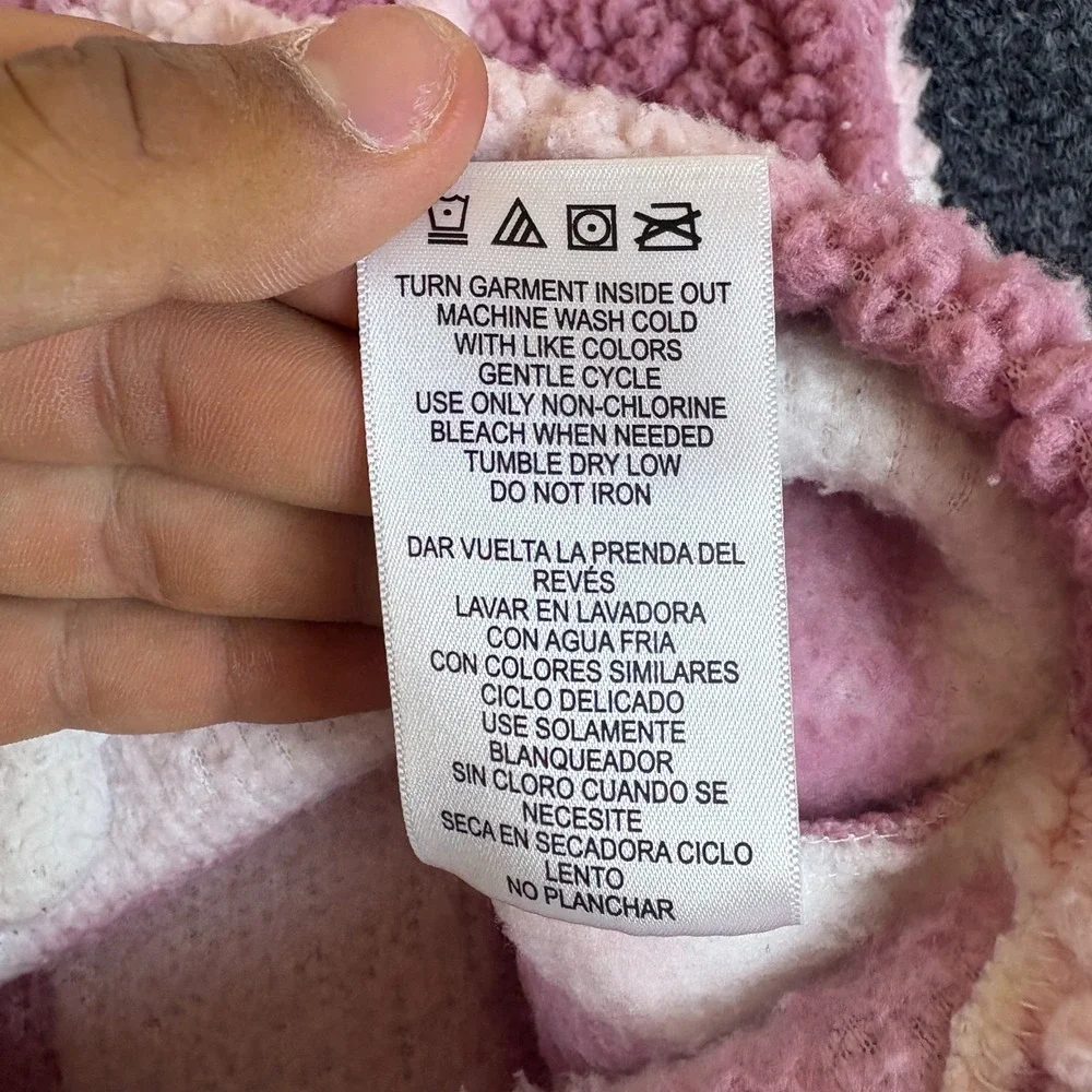 Roxy Shacket Girls XL Pink White Plaid Logo Sherpa Faux Fur Pockets READ