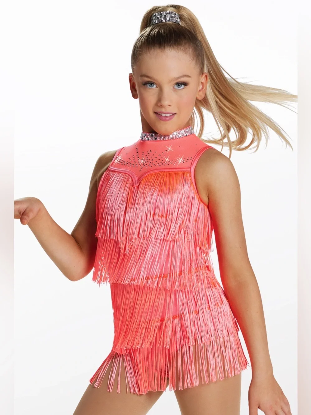 Weissman MEDIUM CHILD Call Me Fringed Dance Costume in Neon Tangerine 16736 NEW