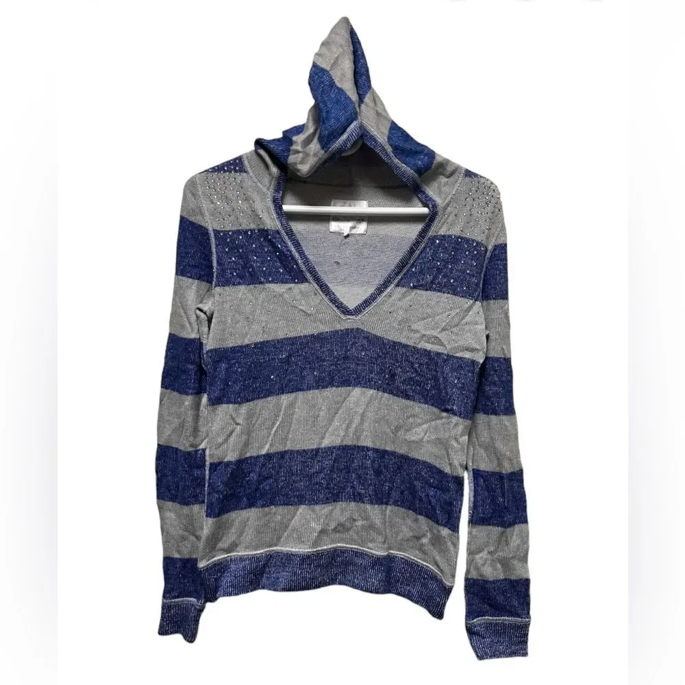 Justice‎ Girls Blue Gray Striped Rhinestone V-Neck Hoodie Sweater Size 14