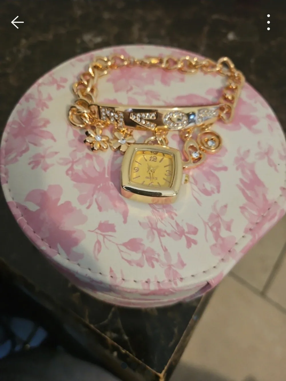 Gold Charm Bracelet Watch with Flower and Crystal Accents - Women Accessories