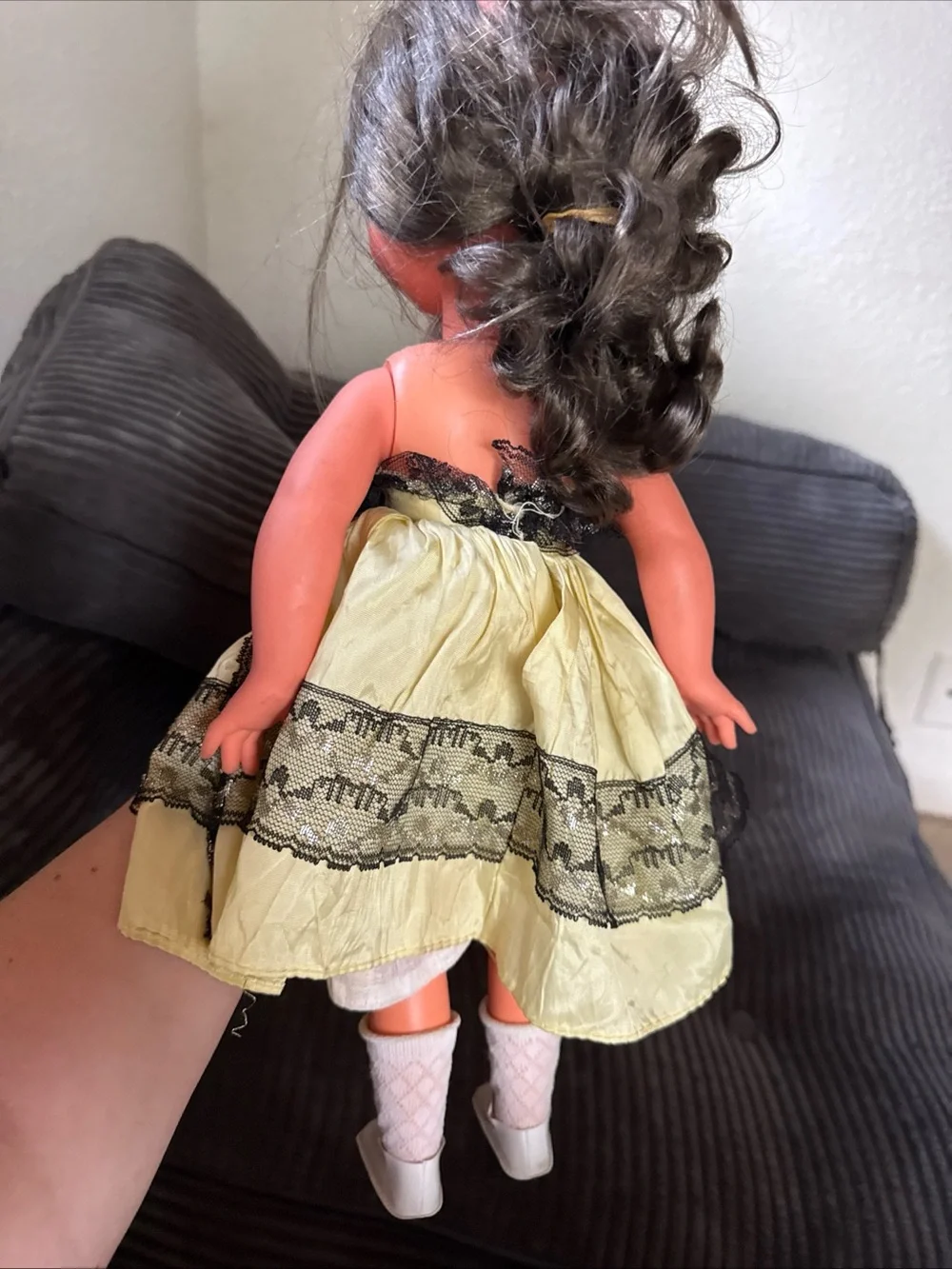 Vintage Furga Cream and Black Lace Dress Doll with Blue Eyes made in Italy