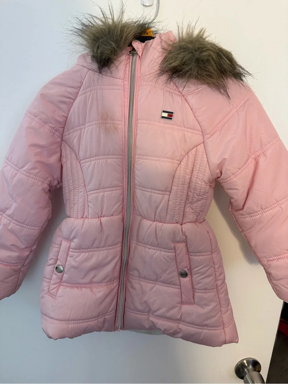 Tommy Hilfiger Light Pink Quilted Girls Puffer Coat with Faux Fur Hood