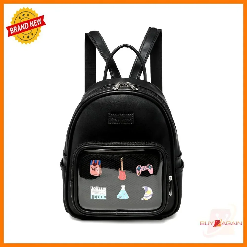 Clear Window Ita Backpack for Anime Pins Display, Vegan Leather, 11.5x8x1 Inches