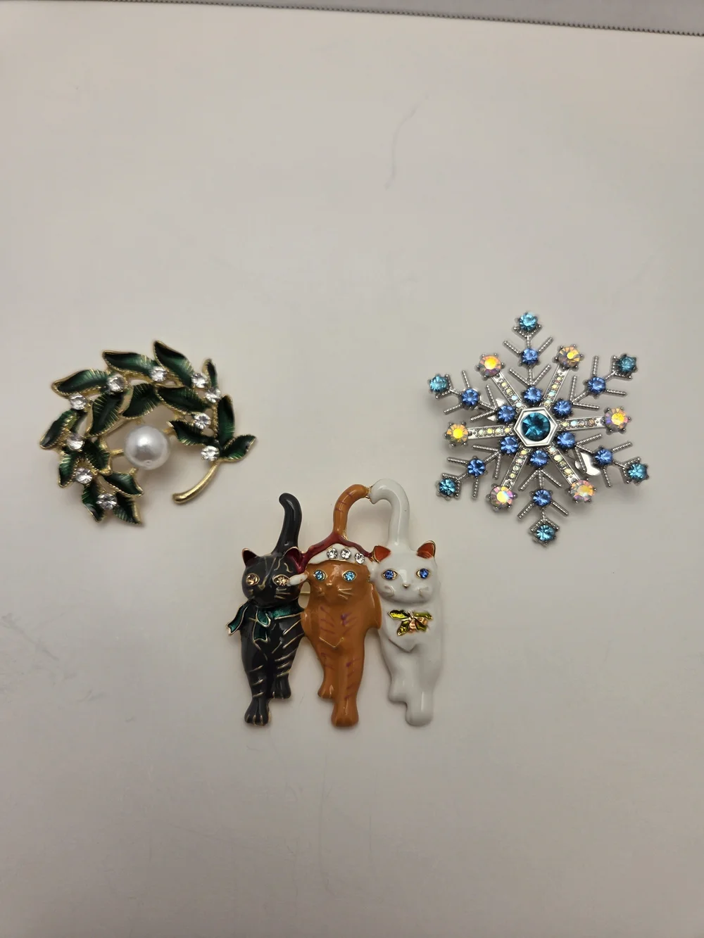 Christmas Brooch Set • Snowflake, Cat Pendant Brooch & Holiday Wreath
