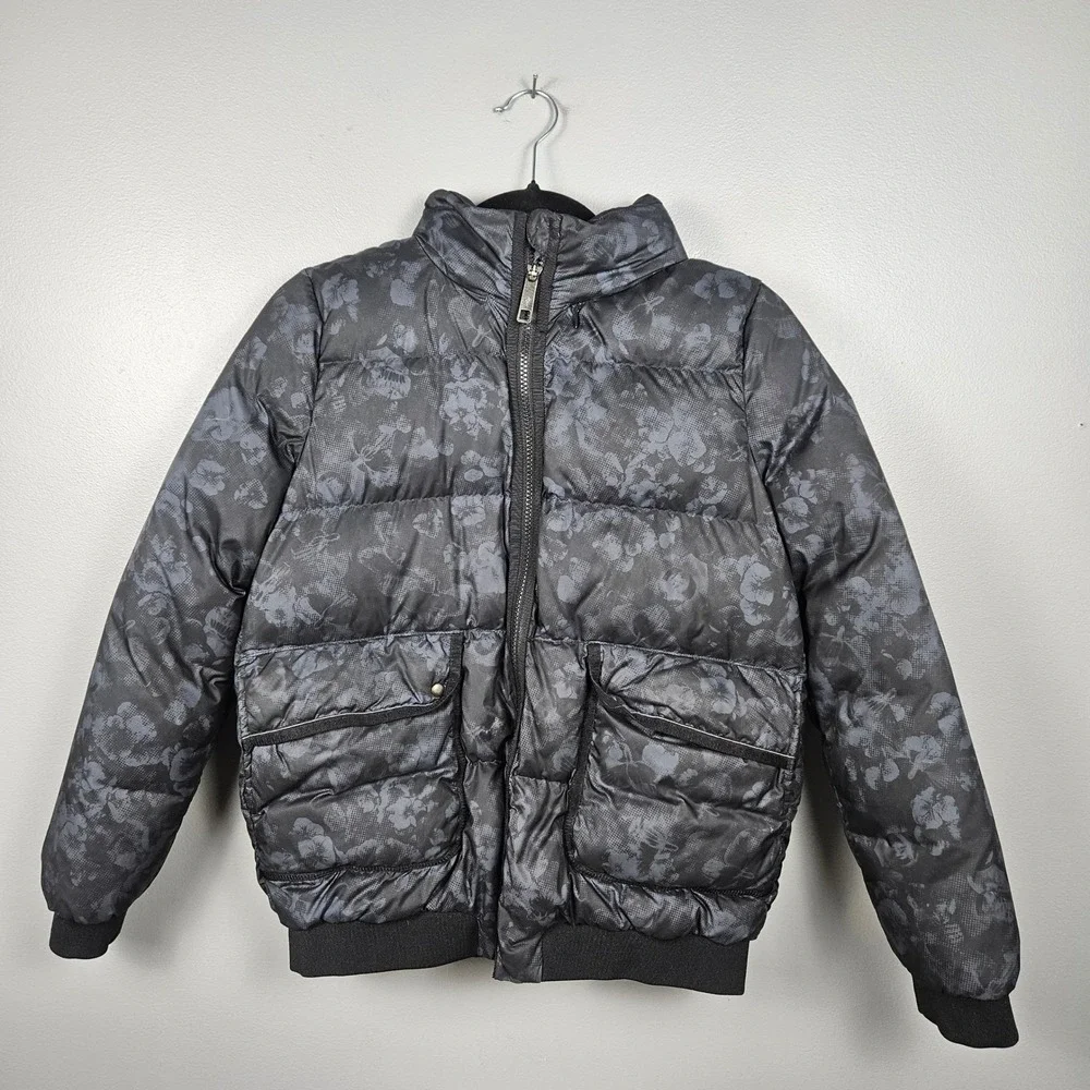 Ivivva‎ Girls 12 Down Puffer Jacket Hooded Quilted Bomber Floral Black Gray Coat