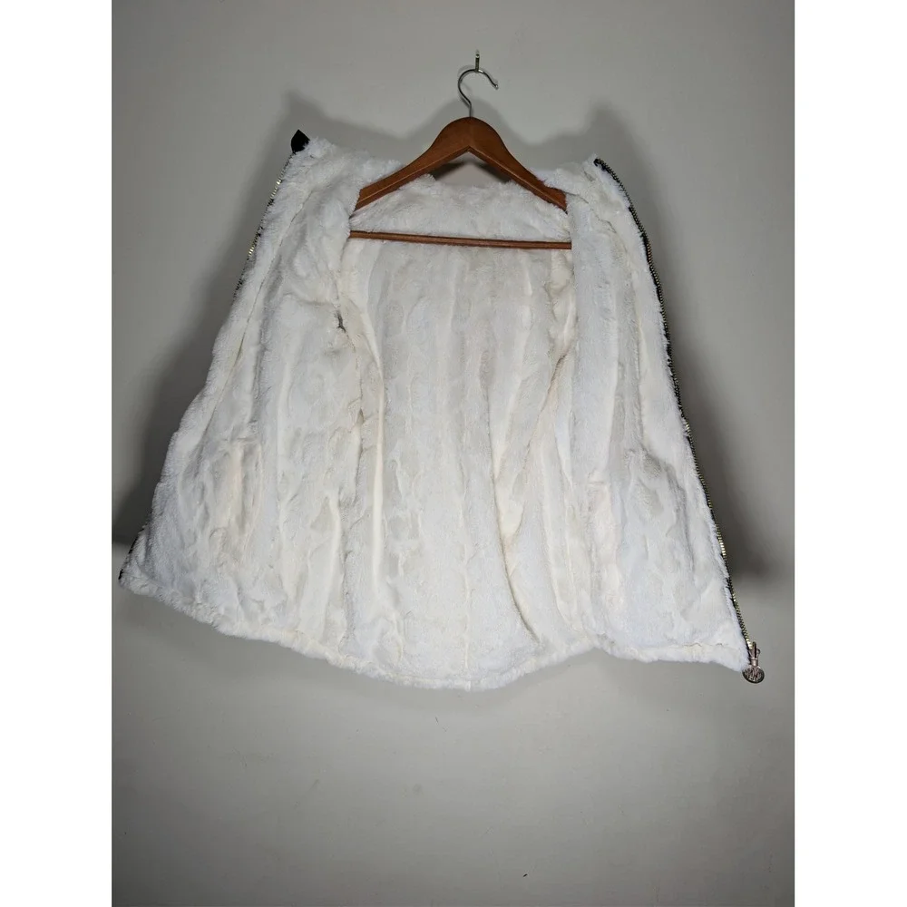 DKNY Girls Reversible Faux Fur Puffer Jacket Black White‎ Gold Size M 10 12 Coat