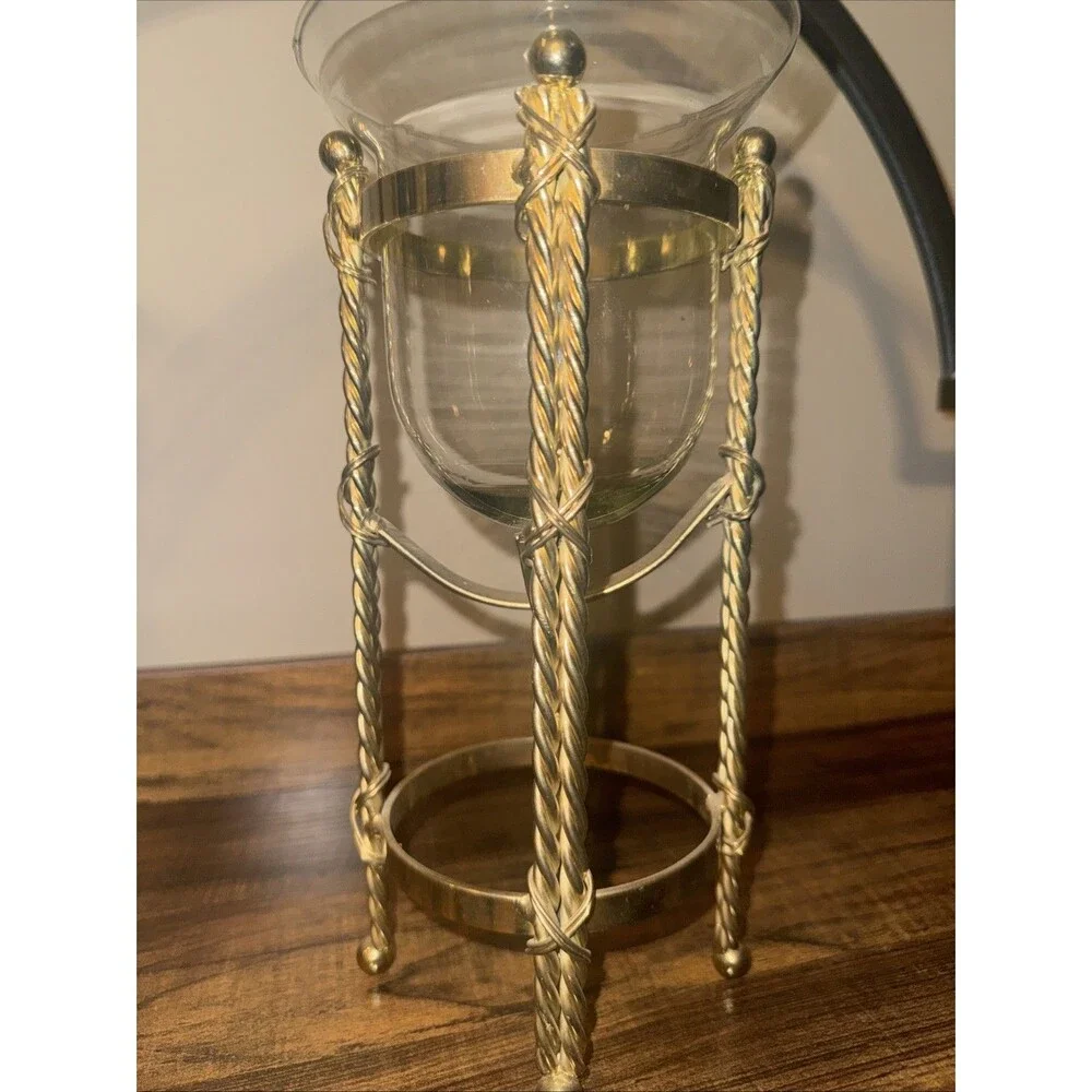 Vtg Brass Candle Stand Holder Twisted Rope Design with Glass Bowl 11