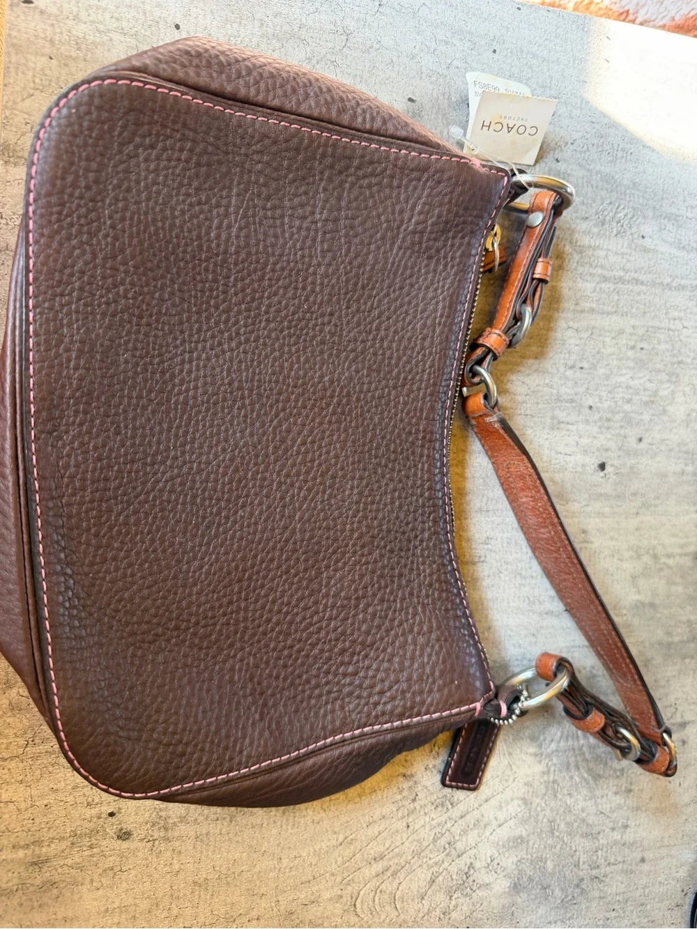 Coach Brown Leather Shoulder Bag with Tan Strap and Pink Topstitching