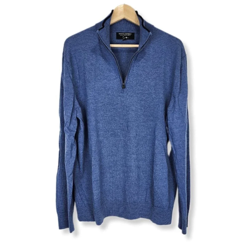 Banana Republic Italian Merino Half Zip Sweater Mens XL Blue Long‎ Sleeve