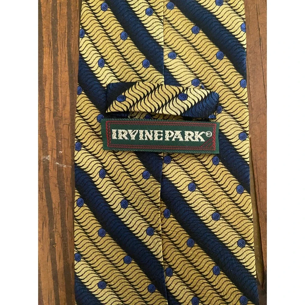 Irvine Park Mens Silk Necktie Navy Blue Gold Diagonal Stripe Swirl‎ Dot Handmade