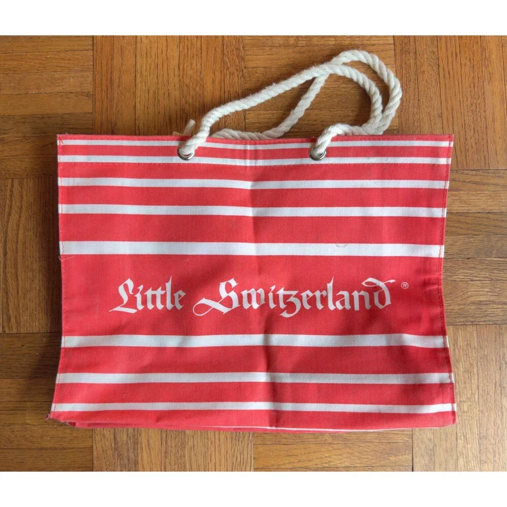 Vintage 1980s Little Switzerland Canvas Tote Bag Red and White Stripes Nautical