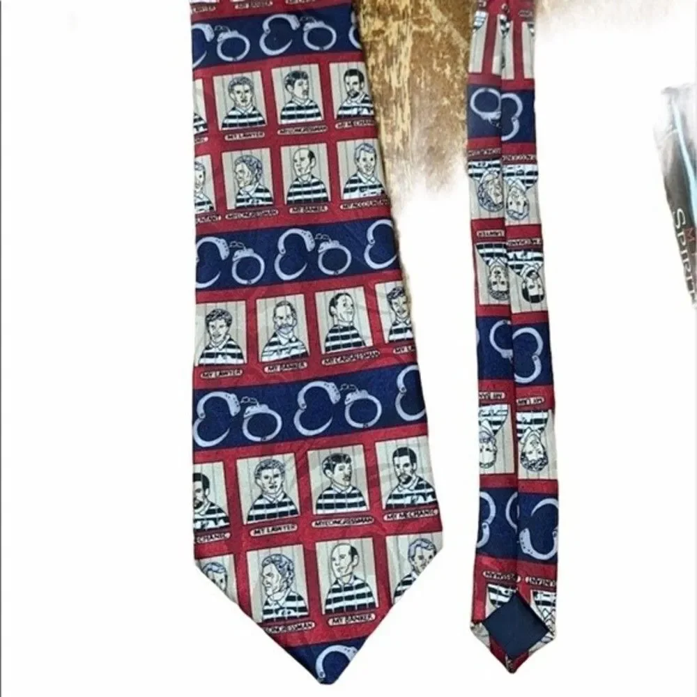 Mens Novelty Necktie Handcuffs Mugshot Lawyer Banker Congressman Navy‎ Red