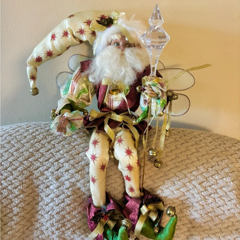 Mark Roberts Cream, Green and Burgundy Jester Santa Holiday Fairy - LG (vintage)