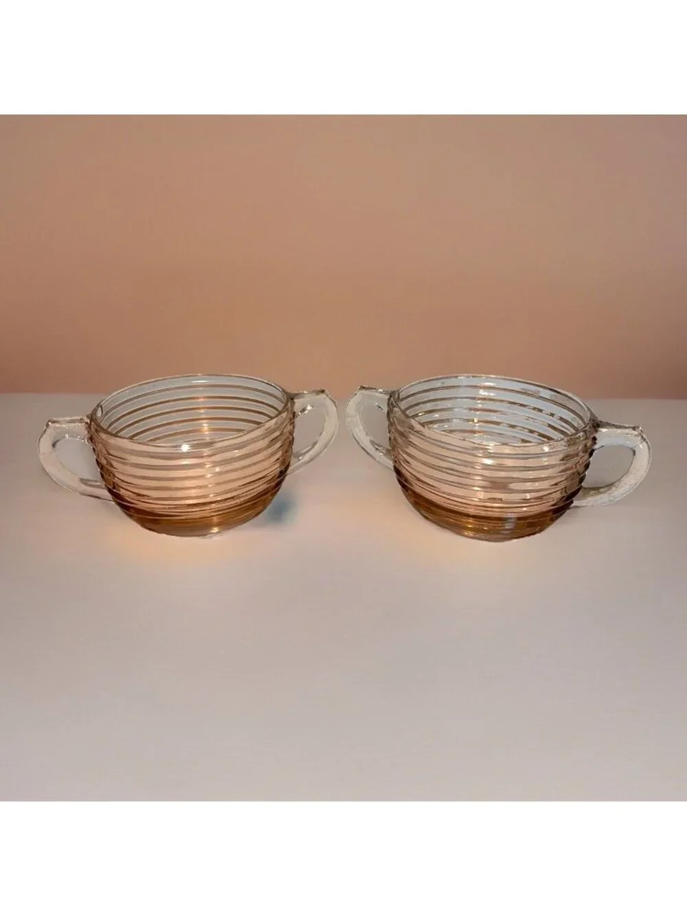 2 VTG Anchor Hocking Manhattan Double Handle Bowls Pink Depression Glass 1930s