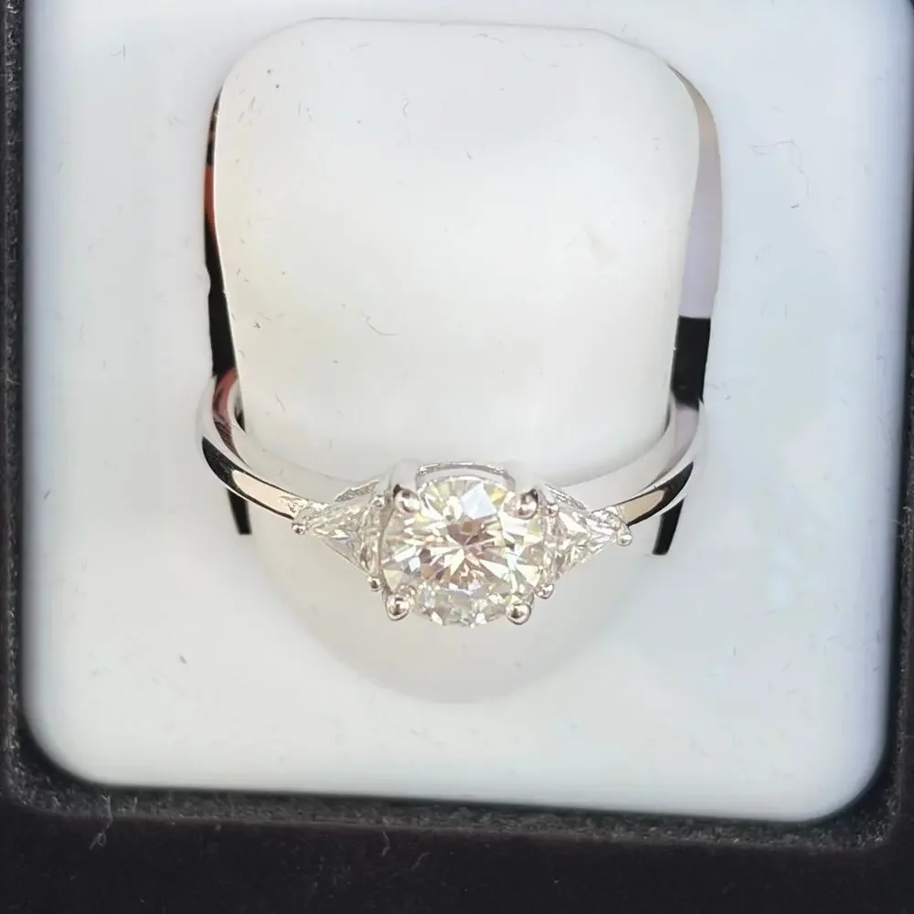 Moissanite 3 Stone Ring w/ Trillion Accents 925 Sterling Silver Size 7 NIB