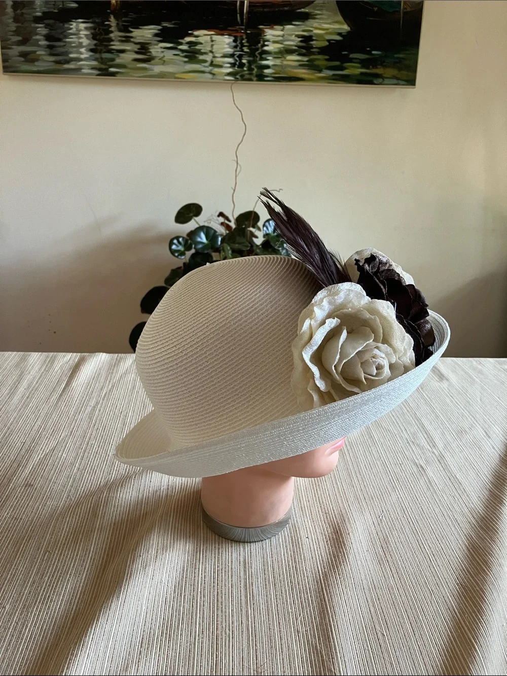 White Ladies Brim Hat with Brown and Cream Velvet Floral and Feather Accent